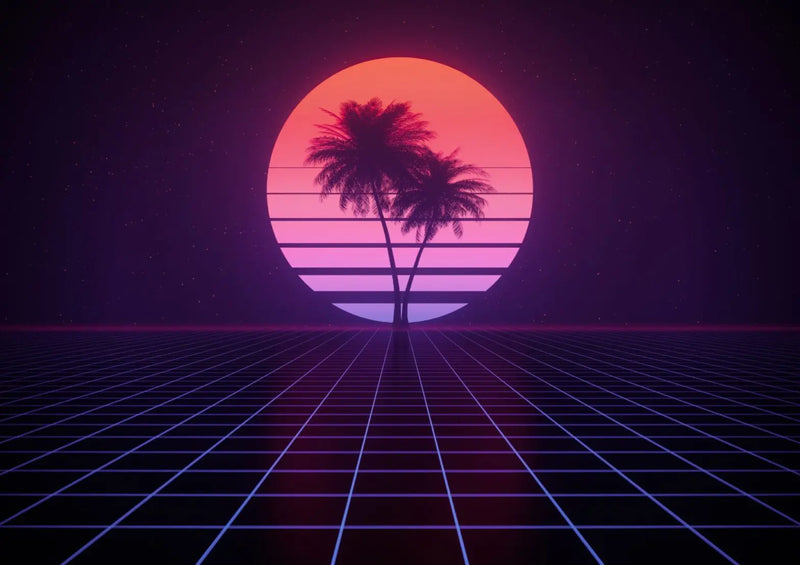 Ρετρό φόντο synthwave με φοίνικες και neon ήλιο