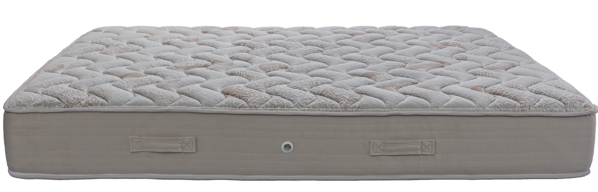 EN24 GLAMOUR LIDO HIGH POCKET — Μπροστινή όψη: εκρού καπιτονέ επιφάνεια, μπεζ πλαϊνή φάσα και υφασμάτινες λαβές. Αίσθηση: μέτρια. Ανατομικό στρώμα.