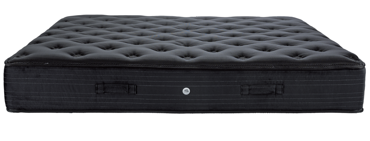 EN32 BLACK PREMIUM PLUS ORIONZONE HIGH POCKET — Front view: black deeply quilted top and a dark fabric border. Feel: medium. Anatomical mattress.