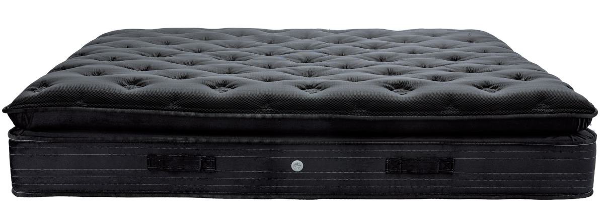 EN41 BLACK MEMORYGEL SOFT AFROLATEX G-PILLOWTOP ORIONZONE HIGH POCKET — Μπροστινή όψη: μαύρη επιφάνεια με βαθύ καπιτονέ και σκούρα πλαϊνή φάσα. Αίσθηση: μαλακή. Ανατομικό στρώμα.