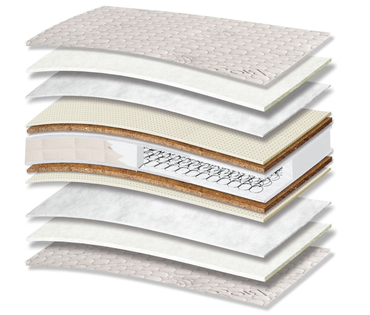 884 Filoxenia Bio Cotton Latex Coco Baby: 13-layer cutaway. Materials: cover fabric, cotton wadding, non-woven, latex, latex-bonded coir, Kevlar and Bonnell springs. The illustration includes beige tones. latex for elastic response; coir for stability. The interconnected spring core provides continuous orthopaedic support for the body. Overall feel: medium.