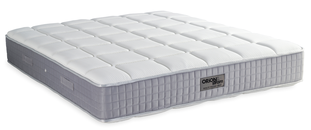 3006 Smart Excellence Memory Plus High Pocket — Angled view: white geometric quilting and a grey border with vertical stitching. Feel: soft. Anatomical mattress.