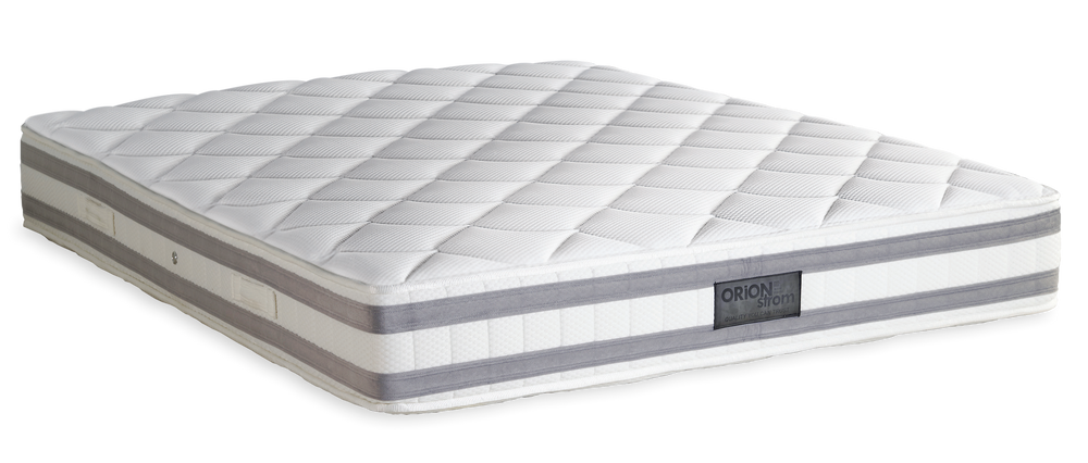 3014 Smart Excellence Latex High Pocket — Angled view: white quilted top with grey horizontal bands around the border. Feel: soft. Anatomical mattress.
