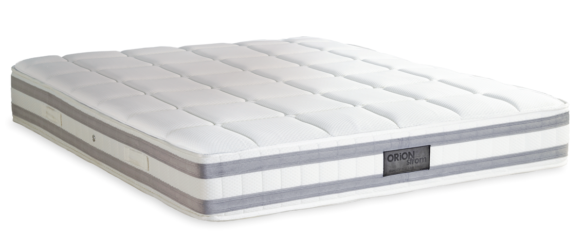3015 Smart Excellence Memory High Pocket — Alternate view: white quilted top with grey horizontal bands around the border. Feel: soft. Anatomical mattress.