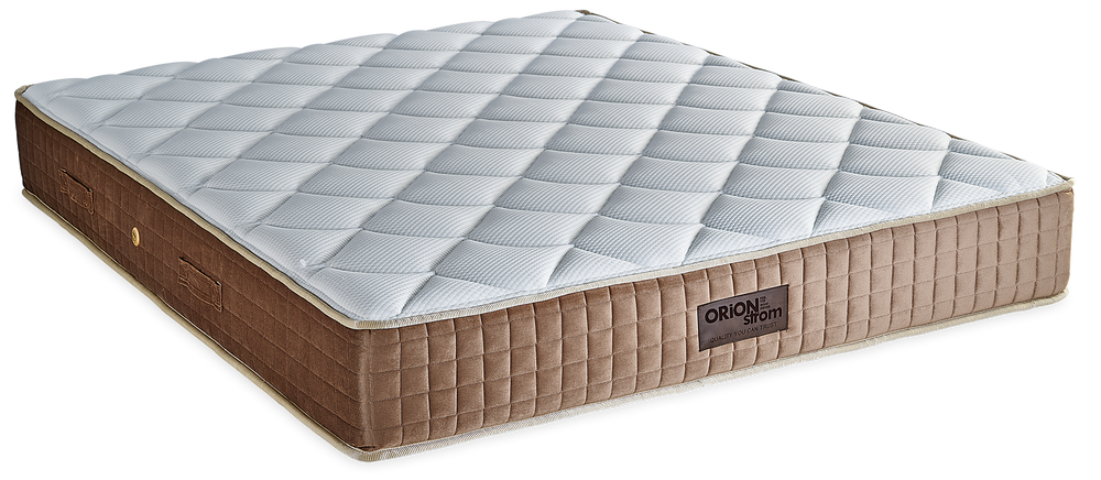 304 Smart Excellence Special Soft — Angled view: white top with wave-shaped stitching and a brown quilted border. Feel: medium. Orthopaedic mattress.