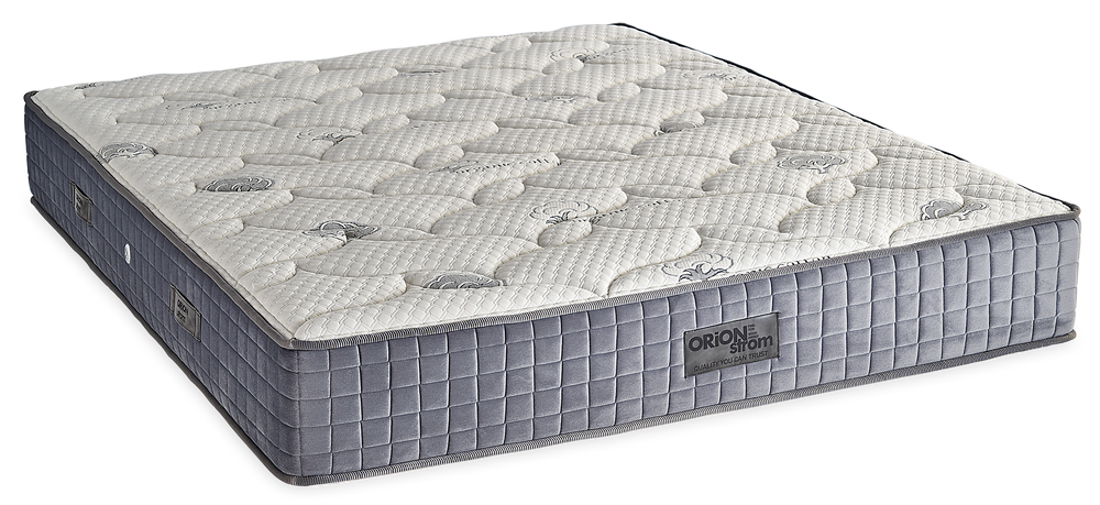 308 Smart Organic Cotton Extra Soft — Angled view: white geometric quilting and a grey border with vertical stitching. Feel: medium-firm. Orthopaedic mattress.