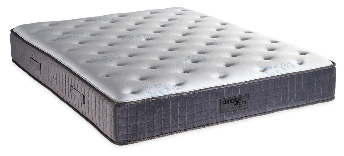 877 Filoxenia Bio Thermo Cotton Cool Max Hyper Soft Foam 5500 — Εναλλακτική όψη: λευκή επιφάνεια με βαθύ καπιτονέ και καφέ πλαϊνή φάσα με κάθετες ραφές. Αίσθηση: μέτρια προς μαλακή. Ανατομικό στρώμα.