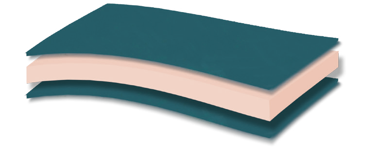 896 Filoxenia Medical Foam 900 — Τομή με πετρόλ εξωτερικό κάλυμμα και ροδακινί αφρώδη πυρήνα. Συνολική αίσθηση: μέτρια προς μαλακή.