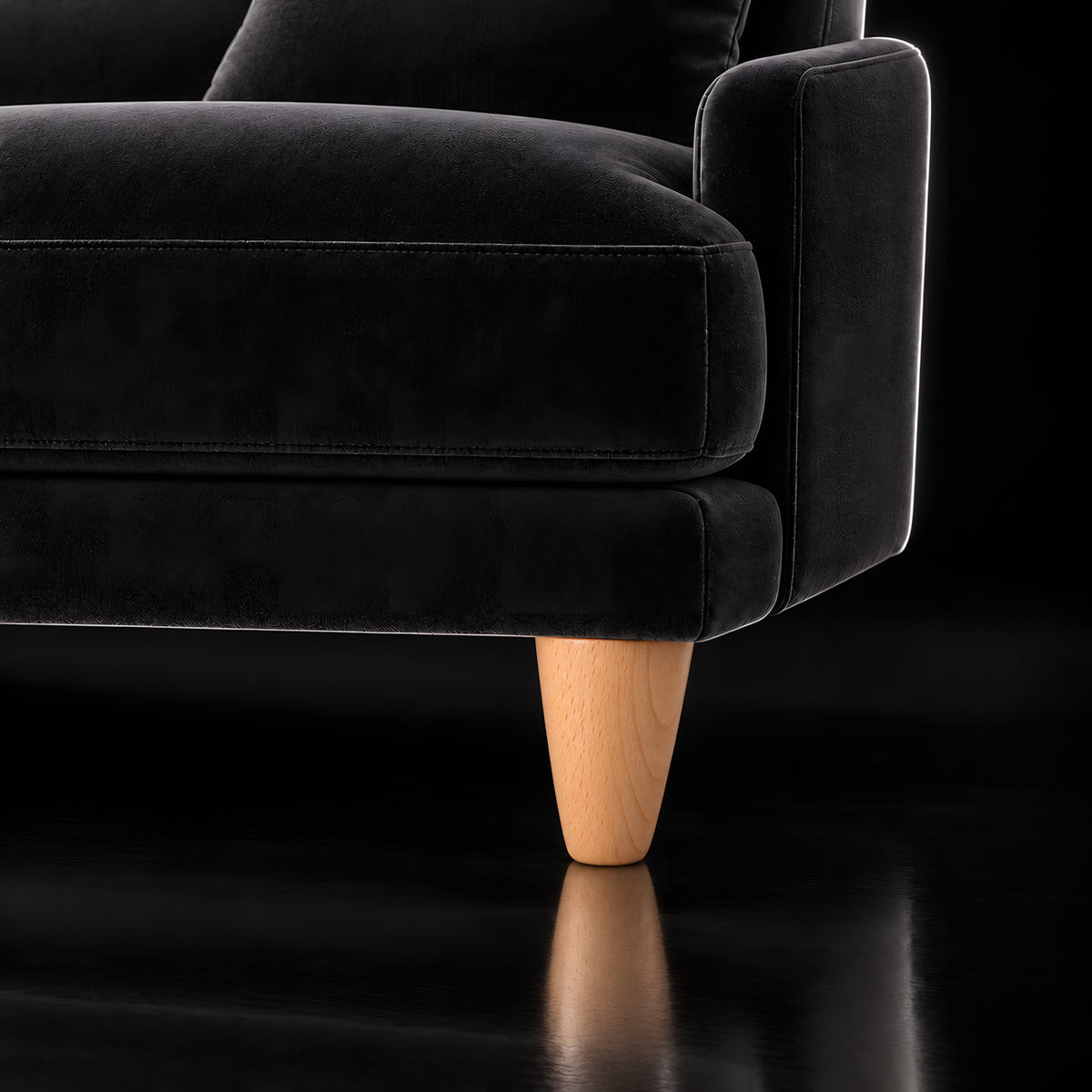 Wooden leg 102 — Wooden leg 102 · on a sofa, black studio