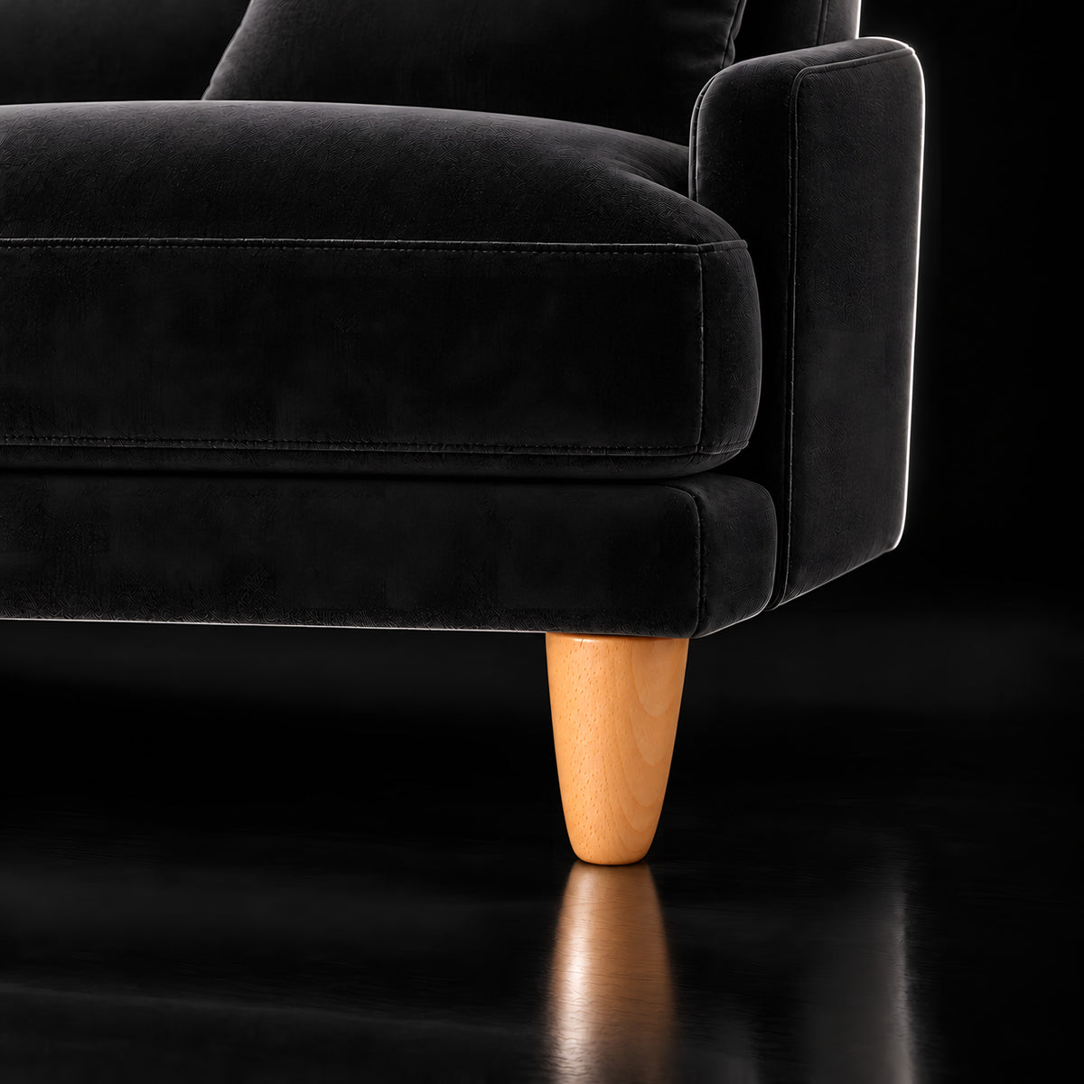 Wooden leg 103 — Wooden leg 103 · on a sofa, black studio