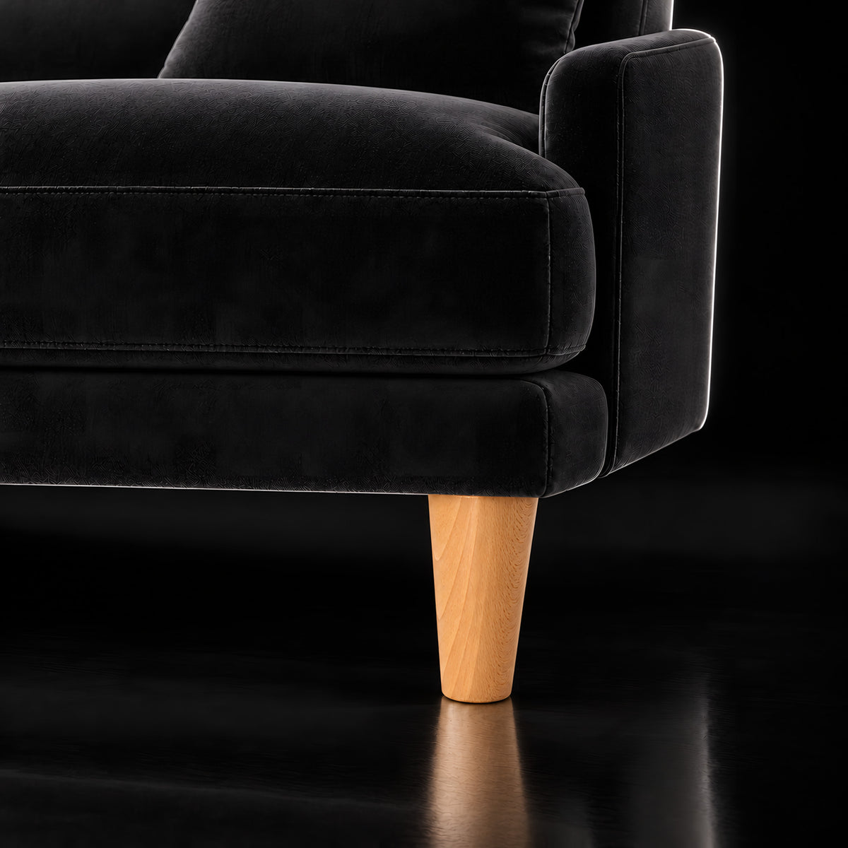 Wooden leg 112 — Wooden leg 112 · on a sofa, black studio