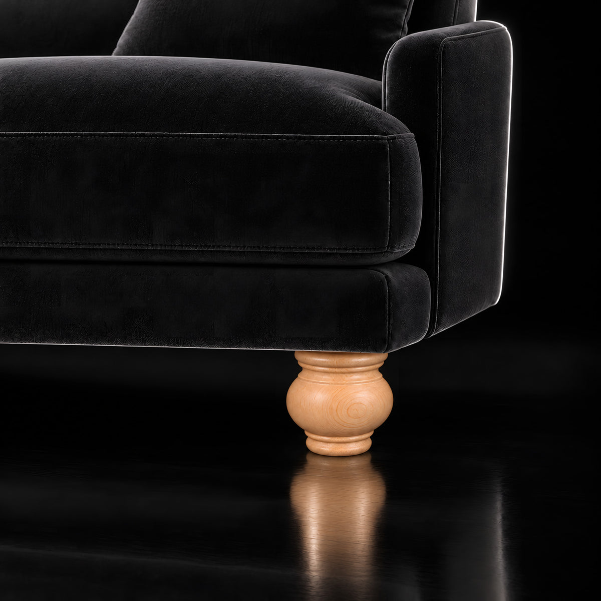 Wooden leg 174 — Wooden leg 174 · on a sofa, black studio