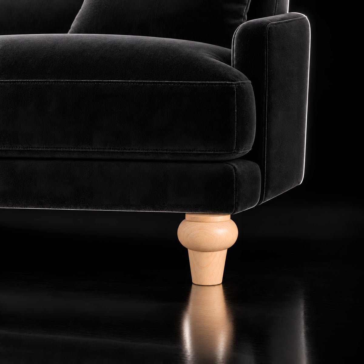 Wooden leg 187 — Wooden leg 187 · on a sofa, black studio