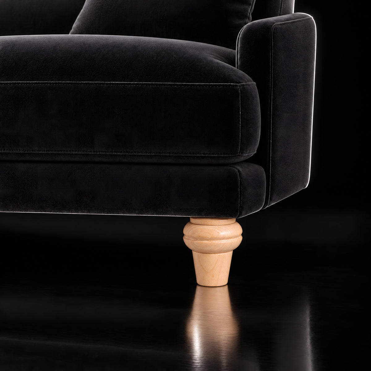 Wooden leg 188 — Wooden leg 188 · on a sofa, black studio