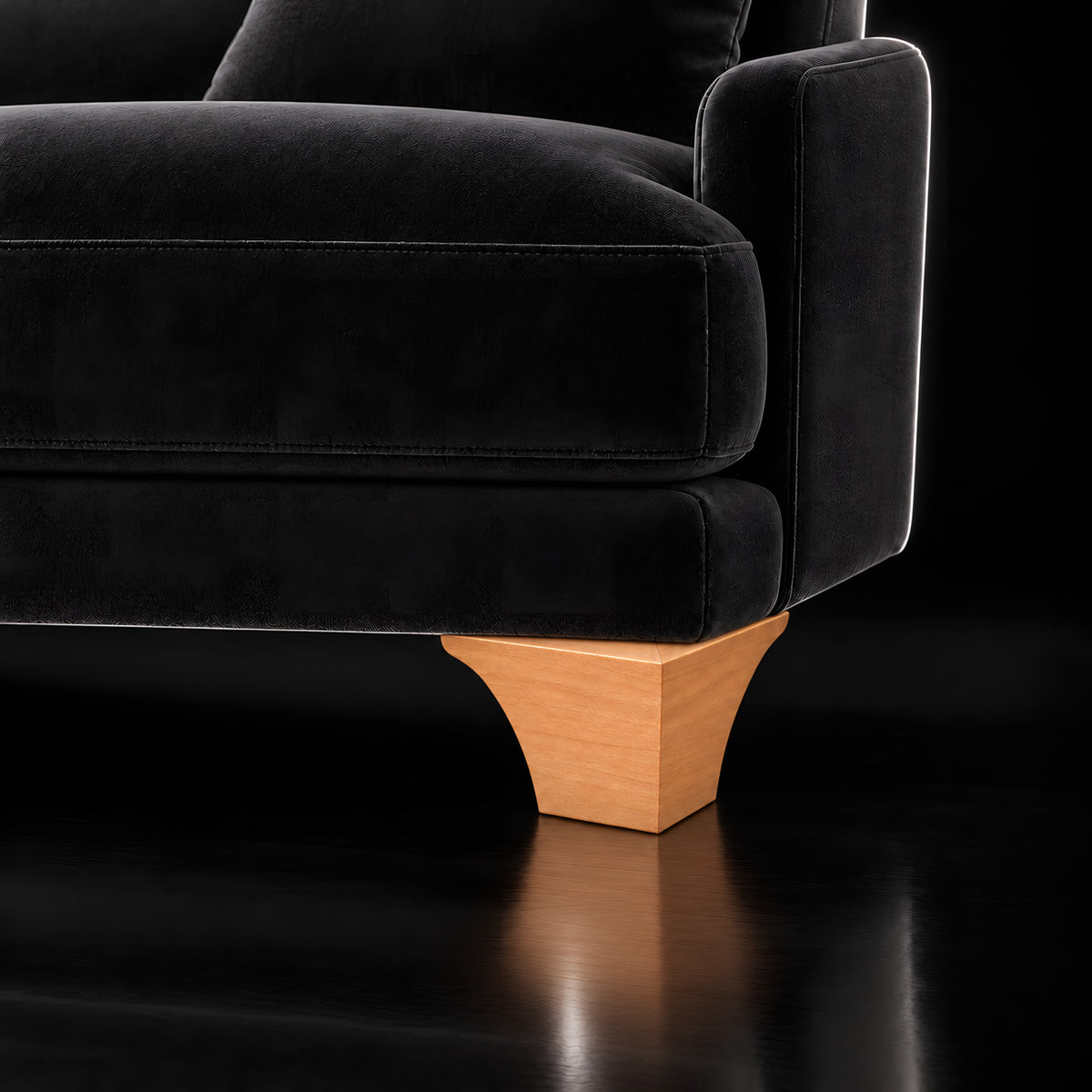 Wooden leg 203 — Wooden leg 203 · on a sofa, black studio