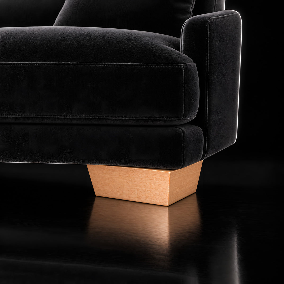 Wooden leg 206 — Wooden leg 206 · on a sofa, black studio