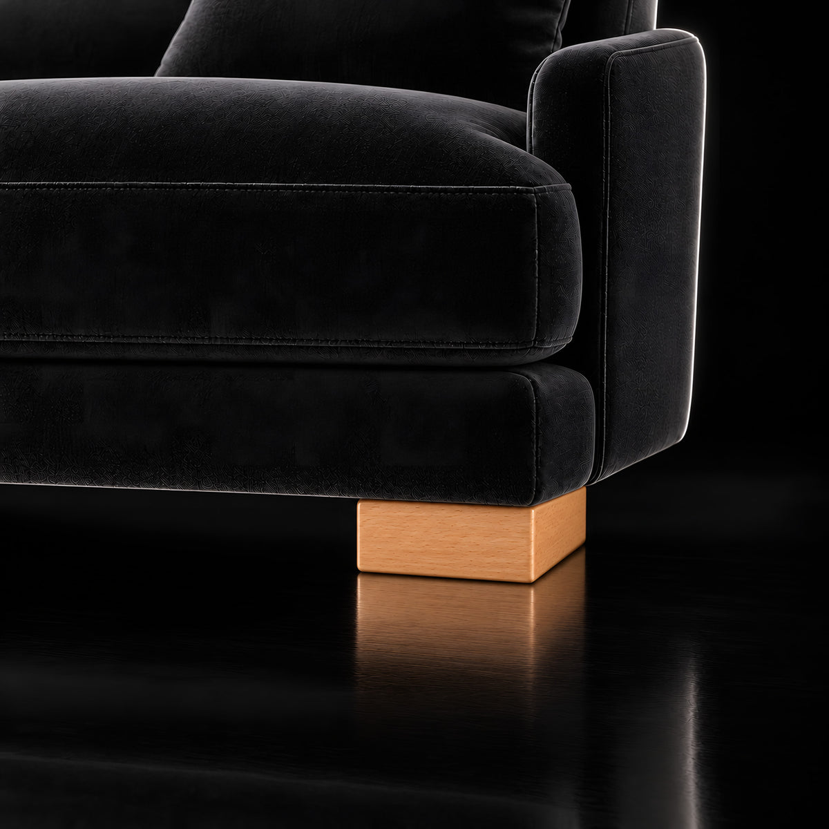 Wooden leg 208 — Wooden leg 208 · on a sofa, black studio
