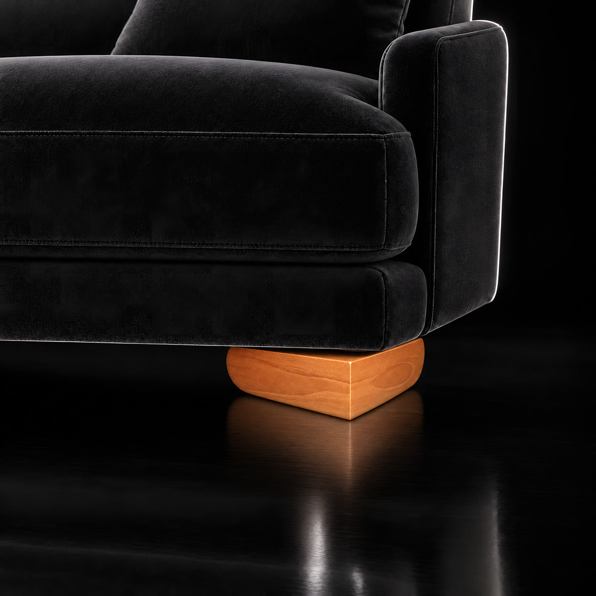 Wooden leg 214 — Wooden leg 214 · on a sofa, black studio