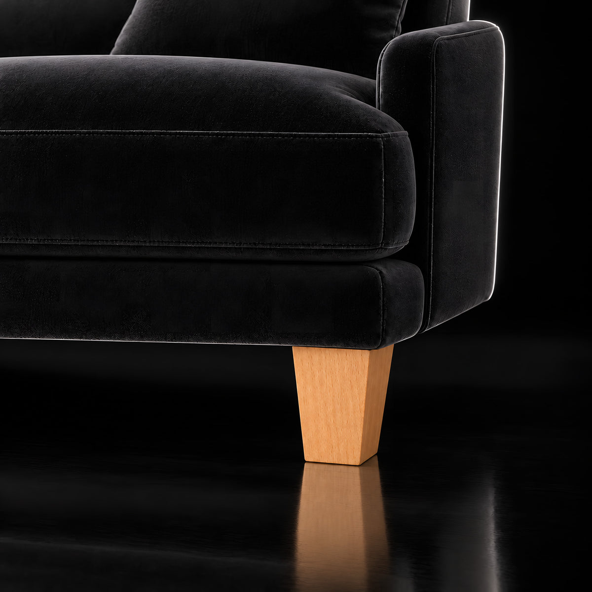 Wooden leg 304 — Wooden leg 304 · on a sofa, black studio