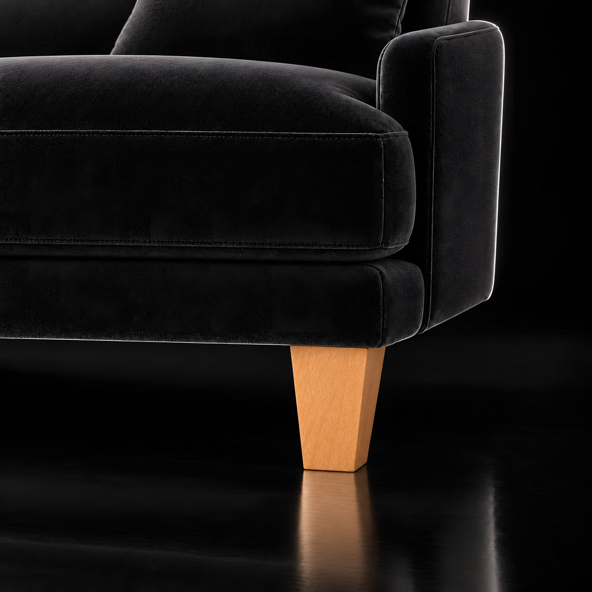 Wooden leg 307 — Wooden leg 307 · on a sofa, black studio