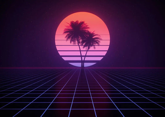 Ρετρό φόντο synthwave με φοίνικες και neon ήλιο