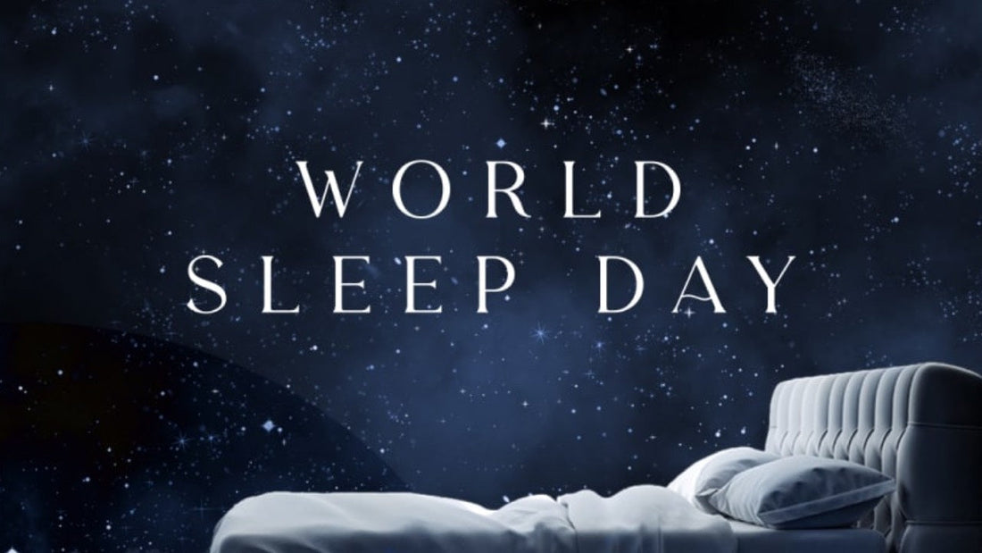Εικόνα με κρεβάτι και νυχτερινό ουρανό για την Παγκόσμια Ημέρα Ύπνου