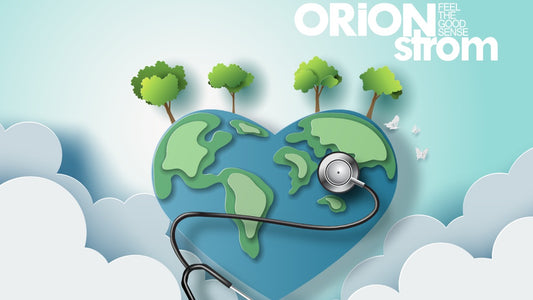 Εικονογράφηση καρδιάς σε σχήμα Γης με στηθοσκόπιο, δέντρα και σύννεφα, με το λογότυπο ORION Strom.