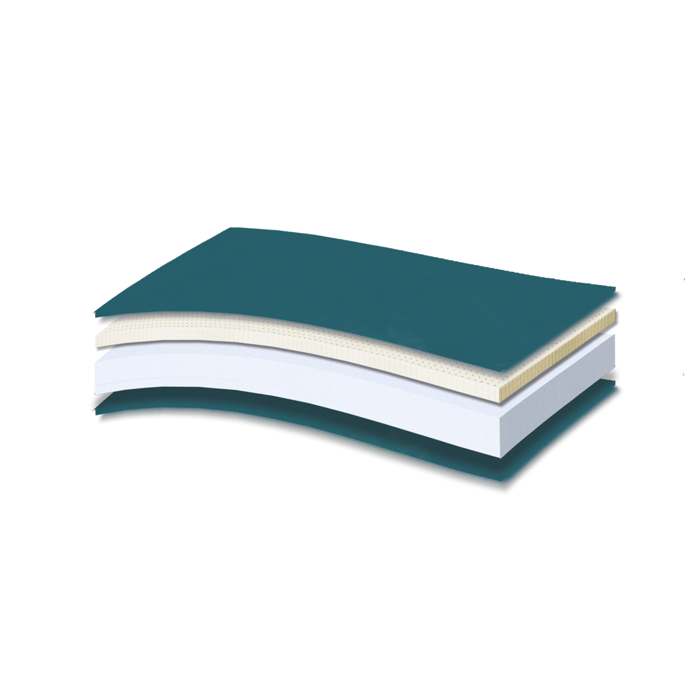 899 Filoxenia Medical Extra Latex Foam 5500 — Cutaway showing a teal cover and two light-coloured core layers.