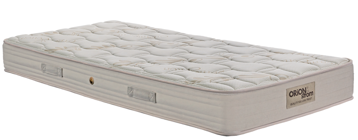 EN02 ORGANIC COTTON — Angled view: cream quilted top, beige border and fabric handles. Feel: firm. Orthopaedic mattress.
