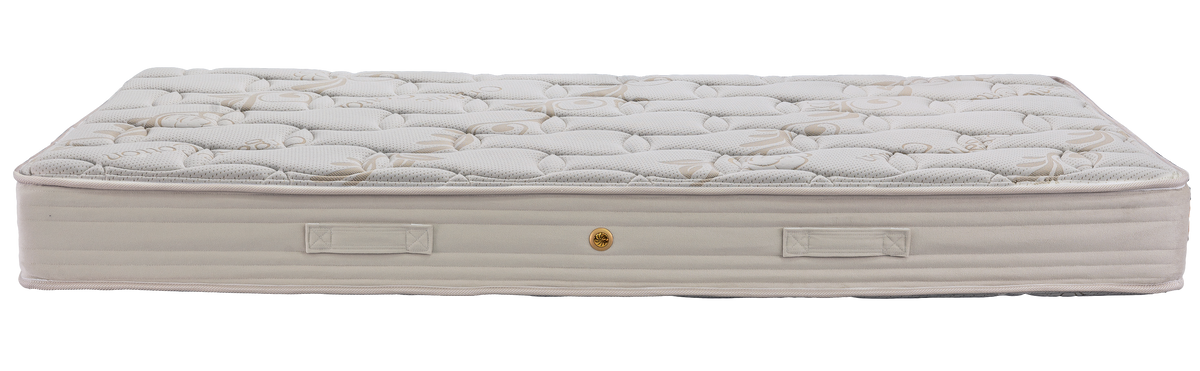 EN02 ORGANIC COTTON — Front view: cream quilted top, beige border and fabric handles. Feel: firm. Orthopaedic mattress.