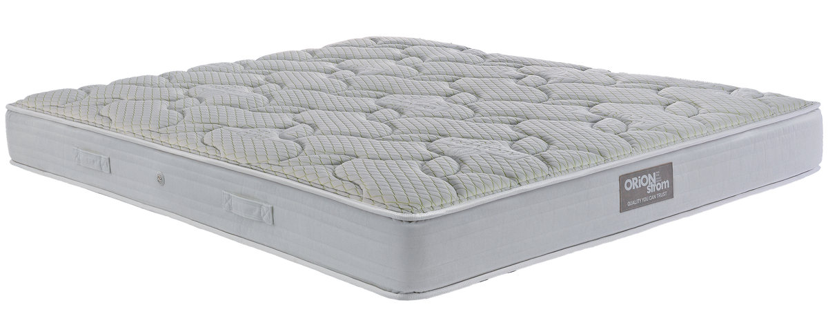 EN03 ALOEVERA — Angled view: white quilting with rounded curves and a light-grey fabric border. Feel: firm. Orthopaedic mattress.