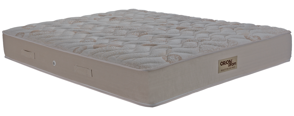 EN04 GLAMOUR LIDO — Angled view: cream quilted top, beige border and fabric handles. Feel: firm. Orthopaedic mattress.