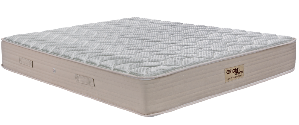 EN05 ROCK NATURE — Angled view: white textured top and a beige border with handles. Feel: medium-firm. Orthopaedic mattress.