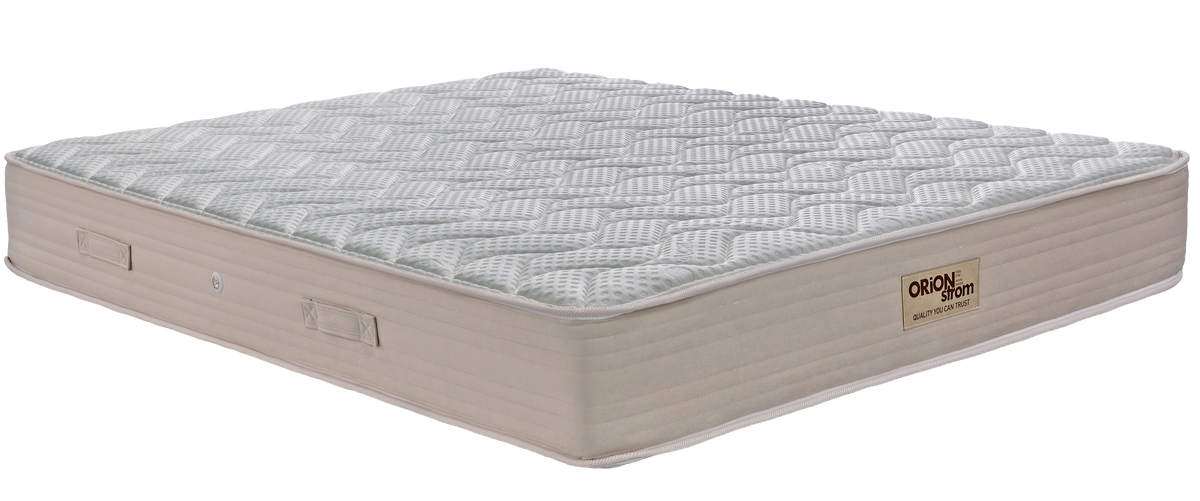 EN05 ROCK NATURE — Angled view: white textured top and a beige border with handles. Feel: medium-firm. Orthopaedic mattress.