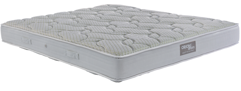 EN06 ALOEVERA COCO — Angled view: white quilting with rounded curves and a light-grey fabric border. Feel: very firm. Orthopaedic mattress.