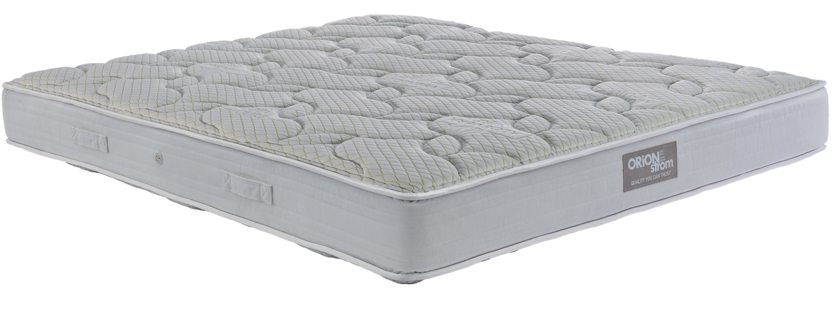 EN06 ALOEVERA COCO — Angled view: white quilting with rounded curves and a light-grey fabric border. Feel: very firm. Orthopaedic mattress.
