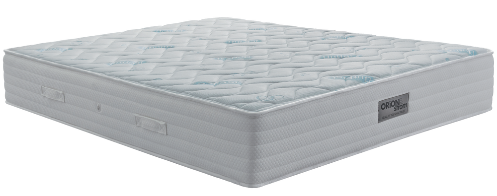 EN07 OUTLAST EXTRA PLUS — Angled view: white geometric quilting and horizontal stitching on the sides. Feel: firm. Orthopaedic mattress.