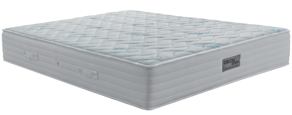 EN08 OUTLAST EXTRA PLUS COCO — Angled view: white geometric quilting and horizontal stitching on the sides. Feel: firm. Orthopaedic mattress.