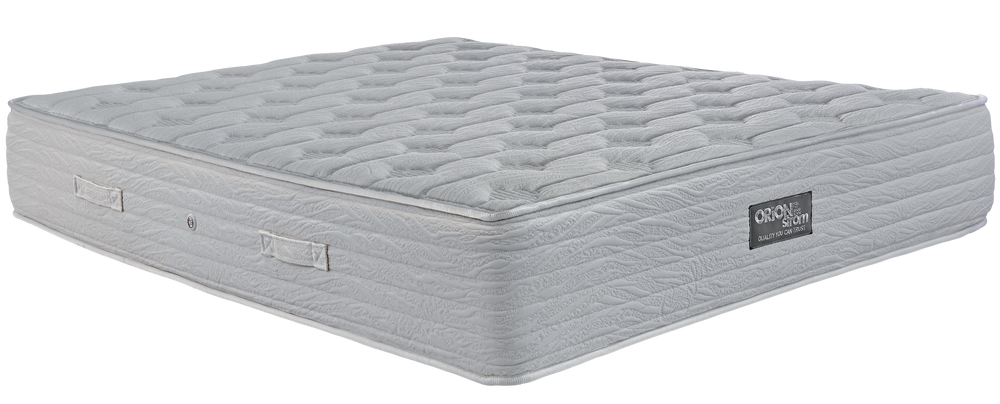 EN09 SILK SUPER SOFT — Angled view: white geometric quilting and horizontal stitching on the sides. Feel: medium. Orthopaedic mattress.