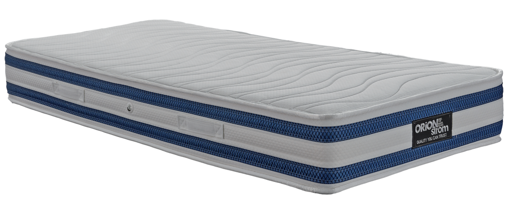EN100 White Soft Pocket — Angled view: white top with wave-shaped stitching and two blue bands around the border. Feel: medium. Anatomical mattress.