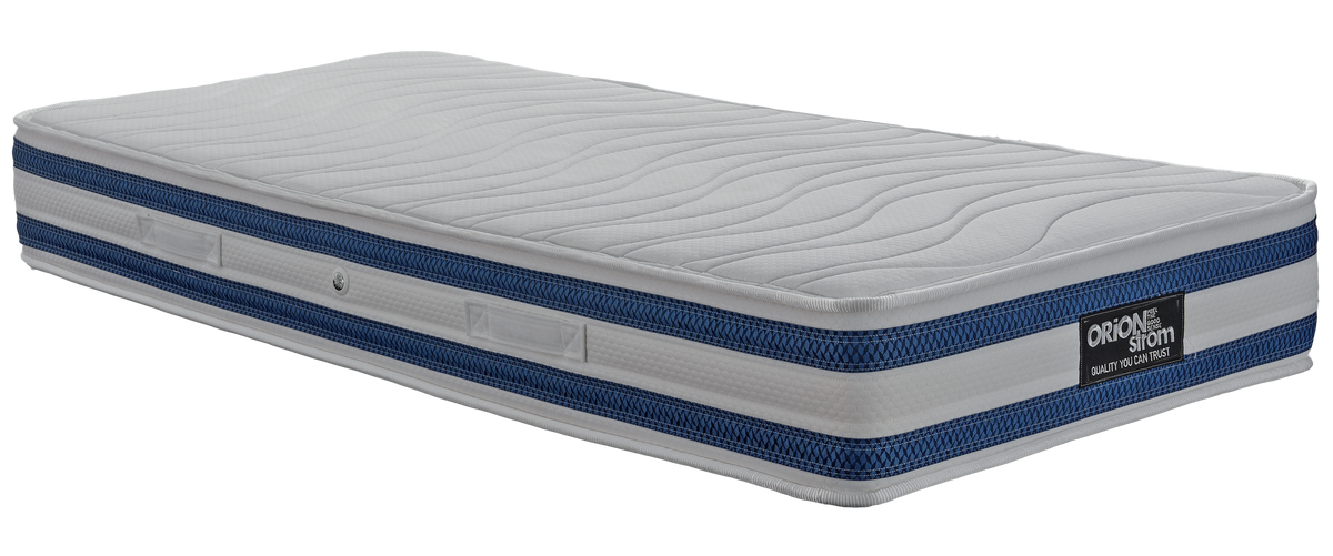 EN100 White Soft Pocket — Πλάγια όψη: λευκή επιφάνεια με κυματιστές ραφές και δύο μπλε περιμετρικές λωρίδες. Αίσθηση: μέτρια. Ανατομικό στρώμα.