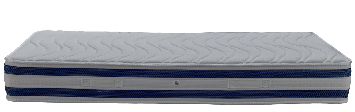 EN100 White Soft Pocket — Μπροστινή όψη: λευκή επιφάνεια με κυματιστές ραφές και δύο μπλε περιμετρικές λωρίδες. Αίσθηση: μέτρια. Ανατομικό στρώμα.