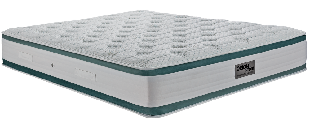 EN12 MEDITATION MEMORYGEL EXTRA PLUS — Angled view: white quilted top with a green band below the upper panel. Feel: medium. Orthopaedic mattress.