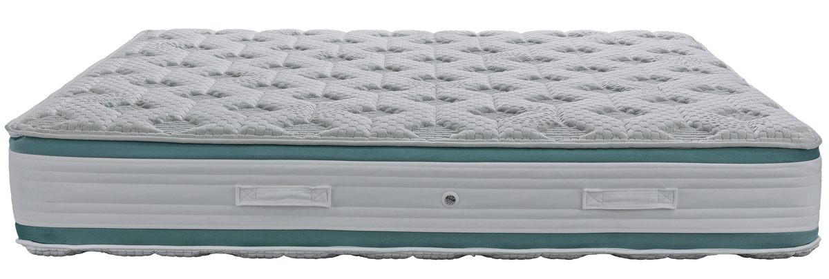 EN13 MEDITATION LATEX EXTRA PLUS — Front view: white quilted top with a green band below the upper panel. Feel: medium-firm. Orthopaedic mattress.