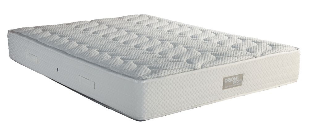 EN1501 Tencel Special Extra Plus High Pocket — Angled view: white textured quilting and a finely patterned fabric border. Feel: medium. Anatomical mattress.
