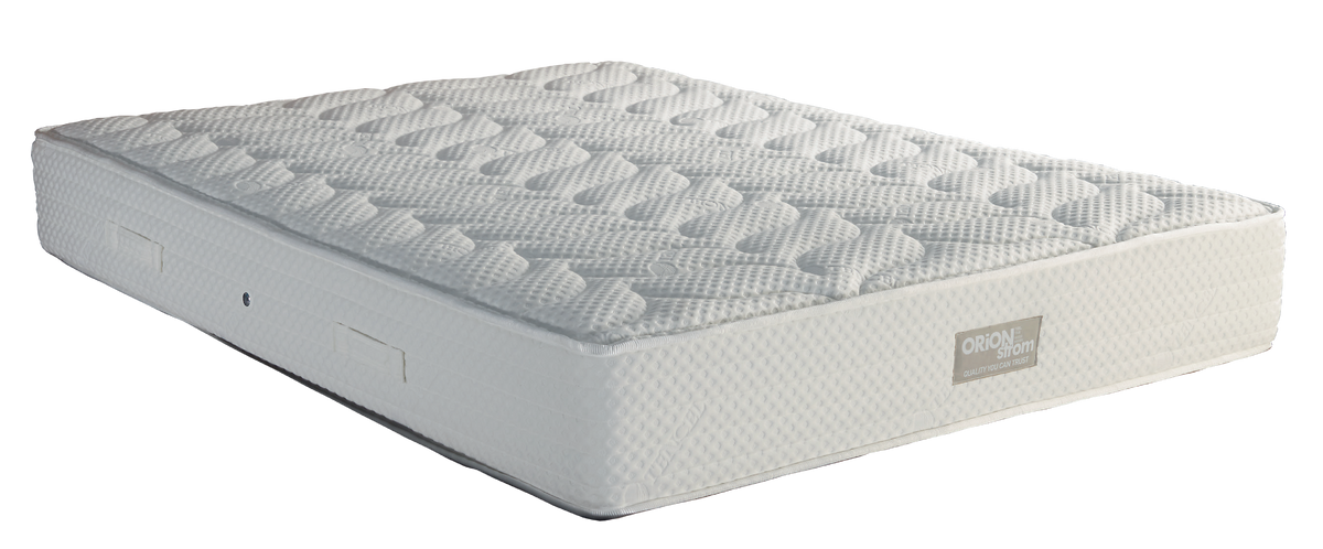 EN1501 Tencel Special Extra Plus High Pocket — Angled view: white textured quilting and a finely patterned fabric border. Feel: medium. Anatomical mattress.