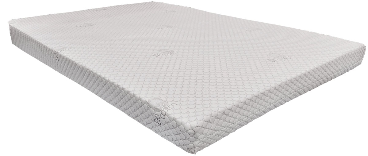 EN1503 Bio Cotton Pure Latex — Πλάγια όψη: ανοιχτόχρωμη επιφάνεια με μικρό επαναλαμβανόμενο σχέδιο και στρογγυλεμένη γωνία. Αίσθηση: μέτρια προς μαλακή. Ανατομικό στρώμα.