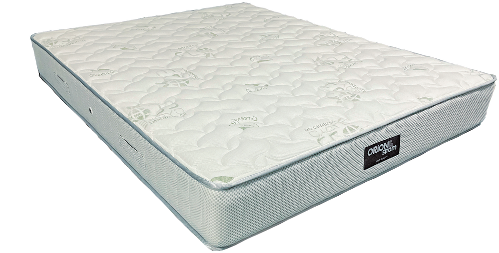 EN1504 Eco Rock — Angled view: white top with raised quilting and pale-blue edging. Feel: medium-firm. Anatomical mattress.