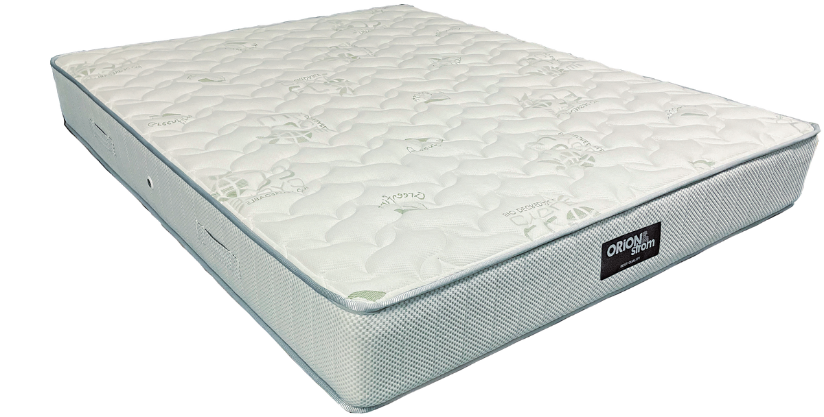 EN1504 Eco Rock — Angled view: white top with raised quilting and pale-blue edging. Feel: medium-firm. Anatomical mattress.
