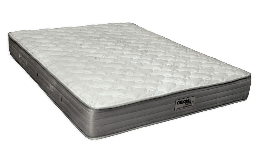 EN1505 Silver Lux Pocket — Angled view: white quilted top and a grey border with horizontal stitching. Feel: medium-firm. Anatomical mattress.